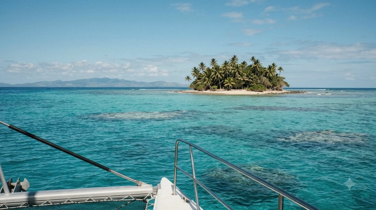 Calm turquoise water and a clear sky over the Mamanuca Islands during the May to October dry season, the best time to visit
