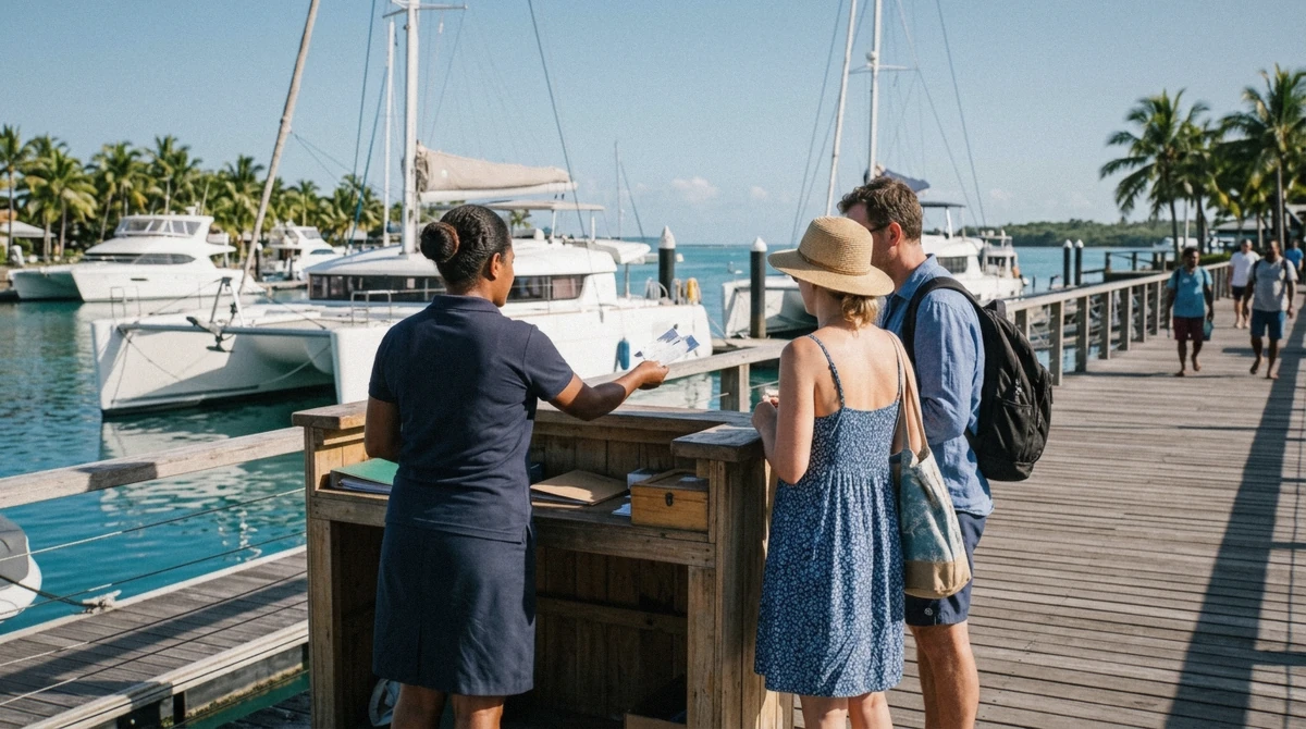 A Fiji day-cruise crew member checking in passengers and handing over tickets at the Port Denarau marina desk