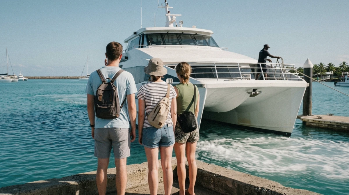 Travelers with day bags waiting at the Port Denarau ferry terminal for a public catamaran to the Mamanuca Islands without a tour