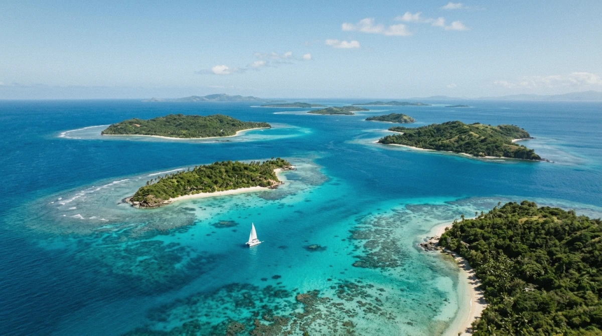 Aerial view of several small reef-fringed islands in the Mamanuca group off Nadi, Fiji, showing which Mamanuca island to visit