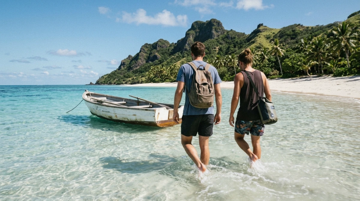Travelers walking ashore on the beach at Monuriki, the uninhabited Cast Away island reached on a Mamanuca Islands day trip