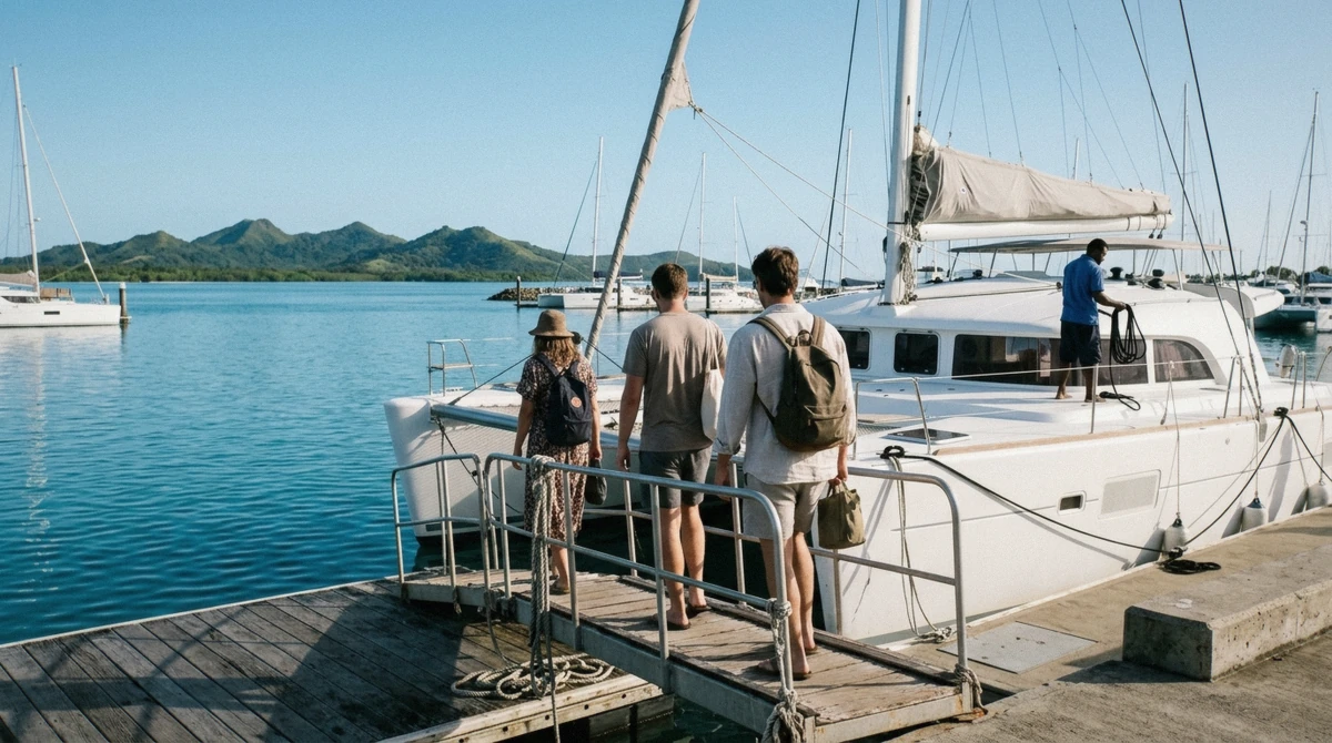 Passengers boarding a sailing catamaran at Port Denarau marina at sunrise on a Mamanuca Islands day trip in Fiji